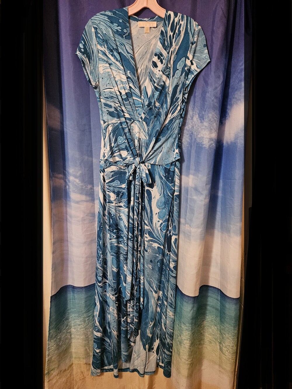 MICHAEL KORS  Blue Marble Wrap Maxi Dress with Tie Waist